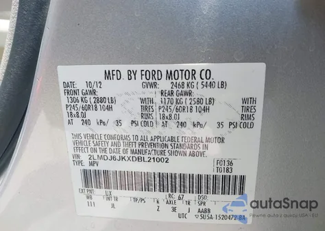 2013 Lincoln Mkx z USA, uszkodzony, nr VIN 2LMDJ6JKXDBL21002